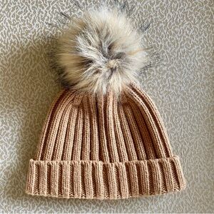 J. Crew Tan Knit Beanie with Faux Fur Pom-Pom